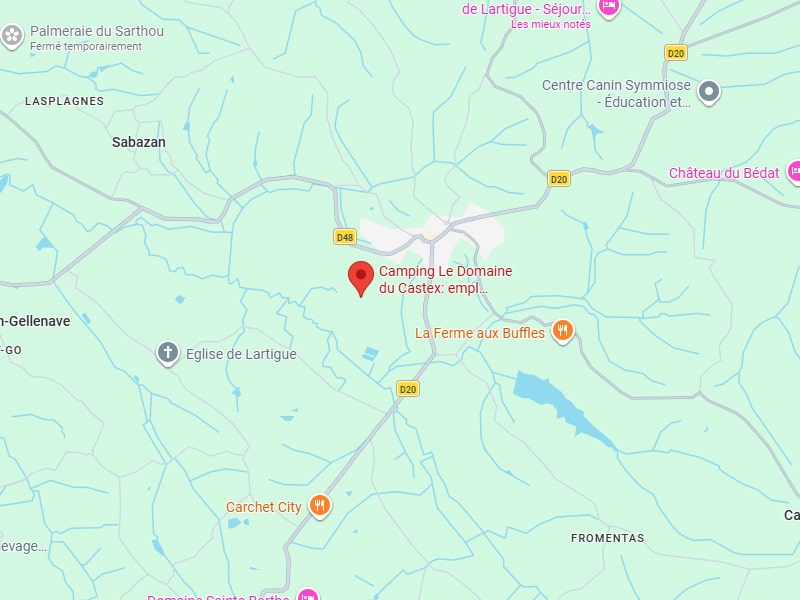 Camping Le Domaine du Castex : Localisation sur carte D20 Carte Google Maps de la zone Lartigue/Sabazan. Localisation du Camping Le Domaine du Castex (marqueur rouge), Église de Lartigue, et routes D20/D48.
